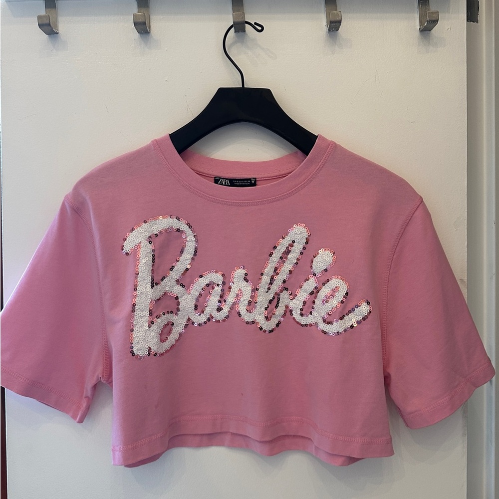Zara Pink Sequin 'Barbie' Crop Tee